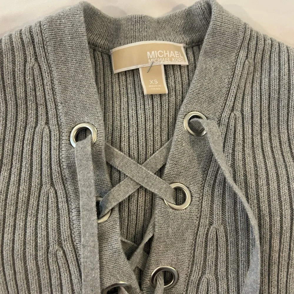 Michael Kors Lace Up Ribbed Sweater Tunic Gray Long Sleeve Womens XS
